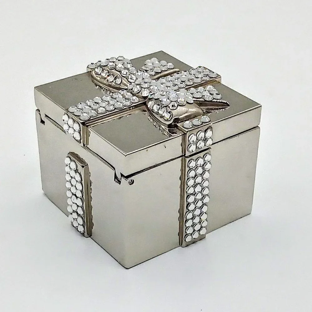 Square Silver Hinged Mirror Box Rhinestone Bow Tealight Candle Holder